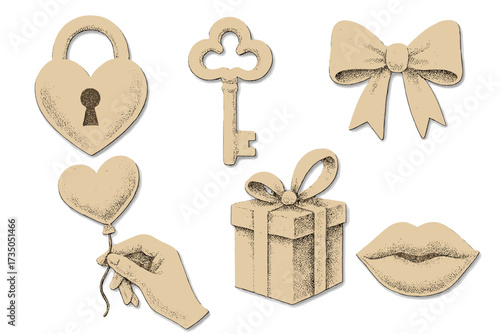 Elegant Valentine's Day halftone art collage paper sticker set. Various romantic paper clipping shapes with vintage dotted texture. Includes heart lock, key, bow, gift box, lips.