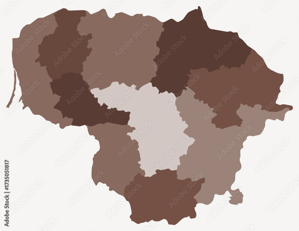 Obraz premium Map of Lithuania with regions. Just a simple country border map with region division. Brown color palette. Flat Lithuania shape with administrative division. Vector illustration.