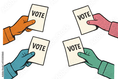 Voting concept with diverse hands holding ballots, halftone collage style, dotted vector cutouts, magazine art, 2026 presidential election theme, cartoon illustration for democracy