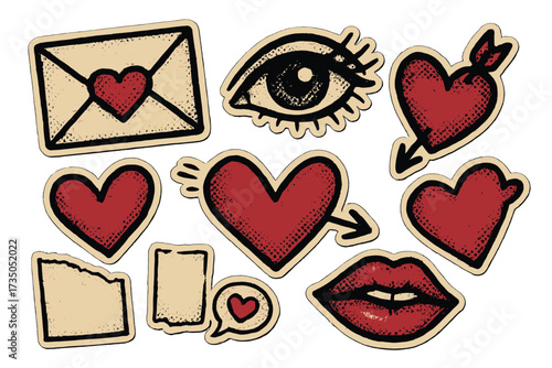 Y2K vintage grunge Valentine’s Day collage stickers, halftone style hearts, lips, eyes, love letters, punk elements, retro romantic design, dotted textures, digital and paper love icons