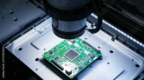 Automated optical inspection of a green circuit board by a precision robotic camera system in a factory setting