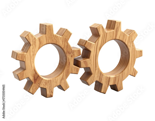 Two interlocked wooden gears on a black background, showing grain detail