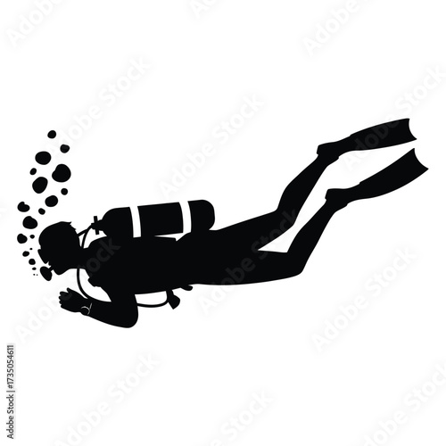 Silhouette of a scuba diver with bubbles