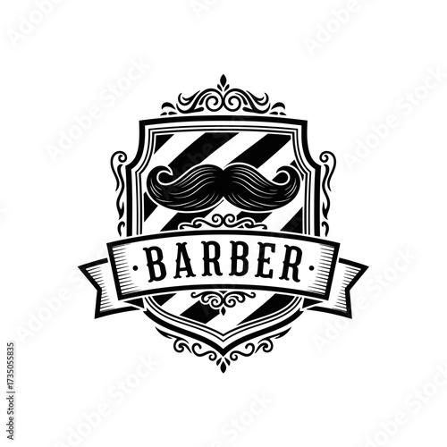 A black and white barber shop logo featuring a mustache and the word "BARBER" on a banner.
