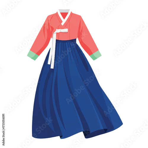 A traditional Korean Hanbok dress with vibrant pink and blue hues, adorned with white accents and green cuffs, displayed against a clean white background.