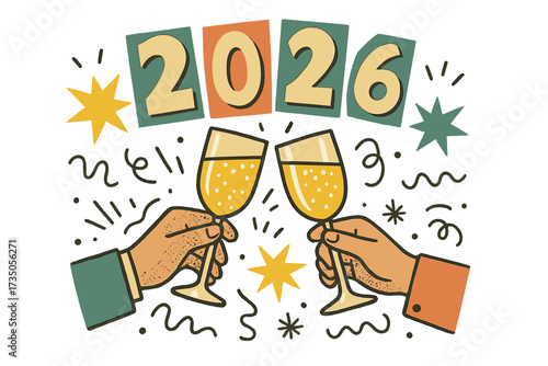 New Year 2026 retro greeting card. Hands clinking champagne glasses. Festive toast celebration concept. Halftone art collage. Cutout vintage doodle shapes vector design.
