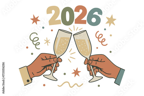 New Year 2026 retro greeting card vector. Hands clinking champagne glasses in a toast. Vintage halftone collage art. Festive celebration design for a party invitation.