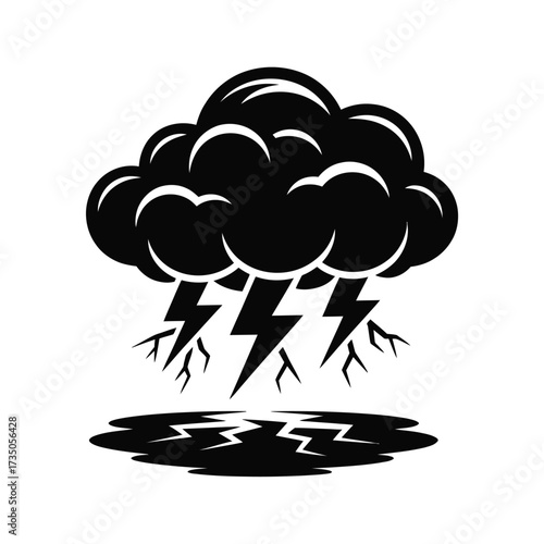 Dark storm cloud with lightning strikes and reflection