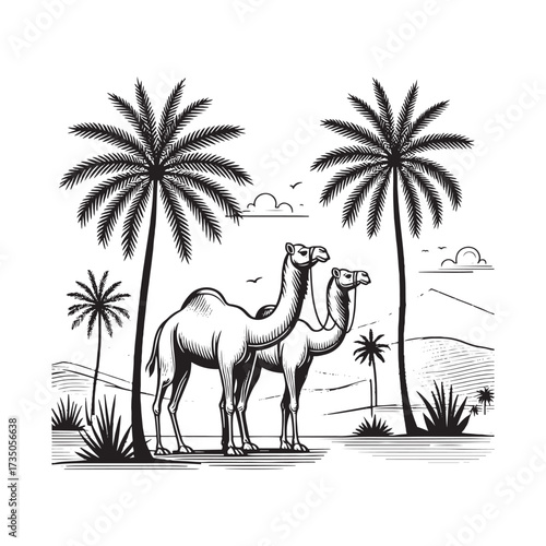 Desert Scene with Camel and Palm Tree