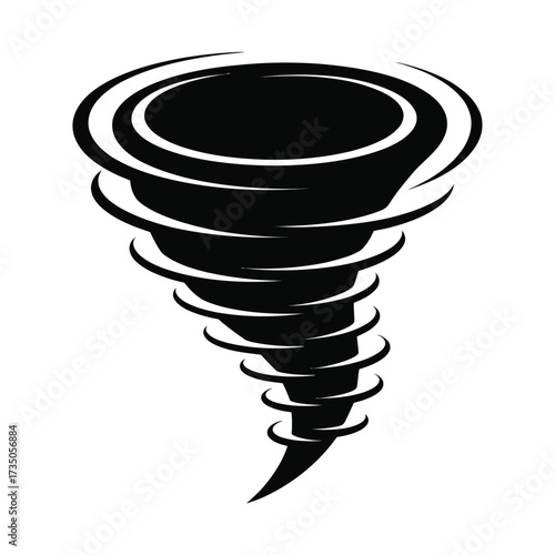 Stylized black silhouette of a powerful tornado swirling