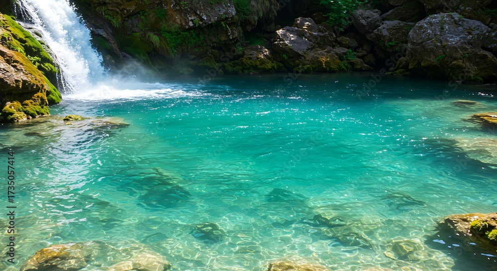 Naklejka premium Scenic waterfall cascading into a turquoise pool surrounded by natural rocks