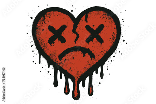 Bleeding heart icon urban graffiti. Sad emoticon with dead eyes. Textured hand drawn vector. Concept of heartbreak, love pain, depression, sorrow, death, broken relationship.