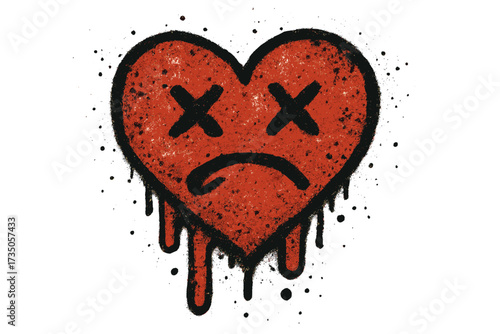 Bleeding heart icon in urban graffiti style. Sad emoticon with dead eyes, symbol of a broken heart. Textured hand-drawn vector illustration with spray paint and drip effect.