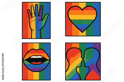 Pride Month retro poster set. LGBTQ love, equality concept. Rainbow halftone vector collection. Gay couple kiss silhouette, heart, hand, mouth symbol. Vintage pop art cards.