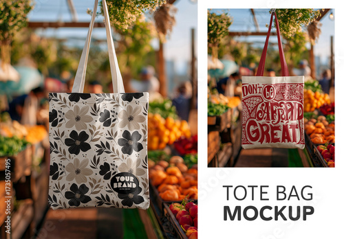 Blank canvas tote bag mockup hanging at a rustic outdoor market stall with a blurred background