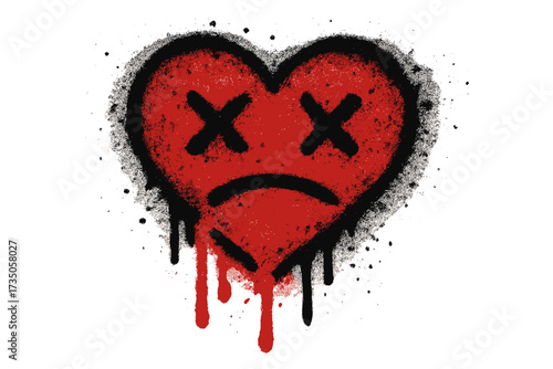 Bleeding heart urban graffiti icon. Sad emoticon with dead eyes. Textured spray paint vector. Street art symbol of heartbreak, pain, depression. Dripping love sign. Stencil.