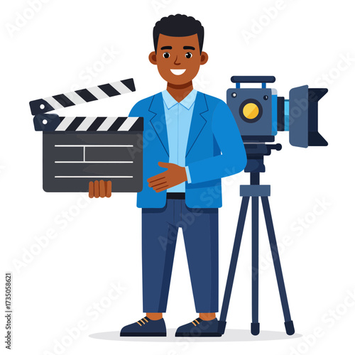 Man in Digital & Creative Professions with Camera and Clapperboard, Film Production and Videography Concept