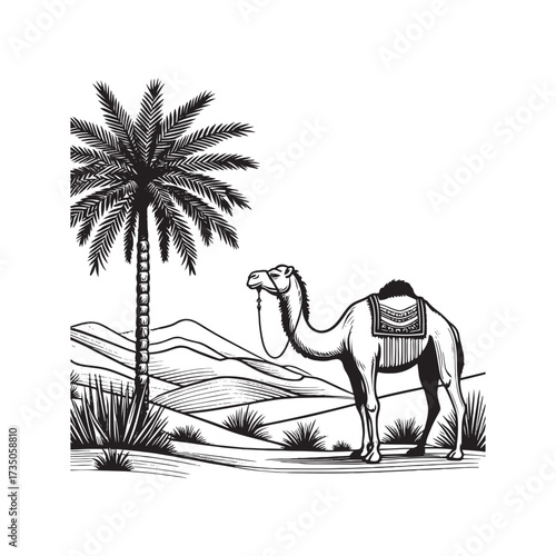 Desert Scene with Camel and Palm Tree