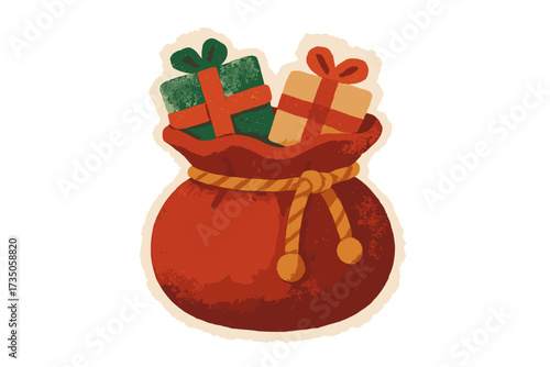 Santa's sack with gifts. Christmas torn paper sticker. Vintage naive halftone collage. Xmas present bag. Holiday vector illustration. Retro clay toy style. Festive surprise.