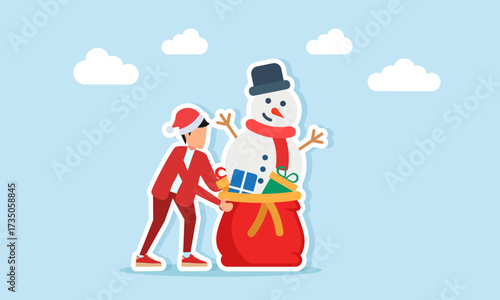 Man in red outfit with Christmas hat trying to carry a red sack filled with gifts and a snowman illustration for holiday celebration appreciation
