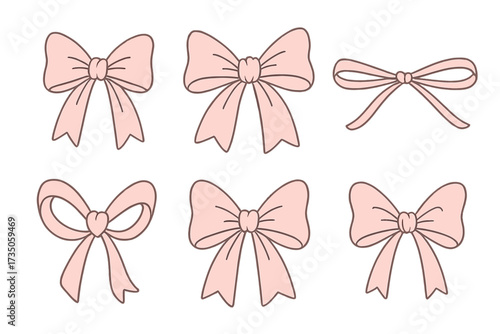 Coquette aesthetic bows collection. Hand-drawn pink ribbons set for crafts. Linear gift bow clipart for fashion decoration. Girly valentine and wedding gift elements. Vector illustration.