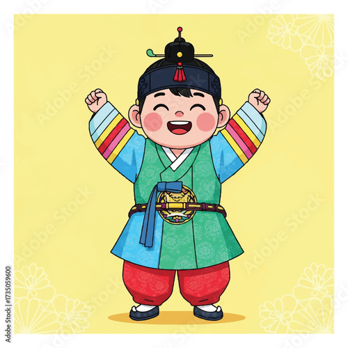 Cheerful cartoon child wearing traditional Hanbok fashion with arms raised in celebration against a bright yellow background with a joyful mood.