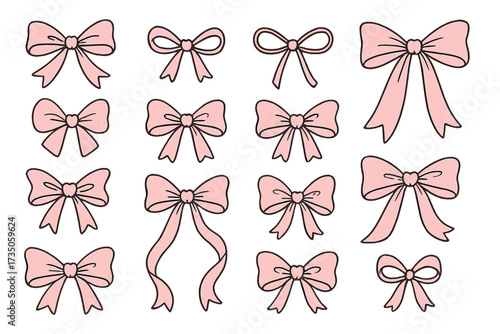 Coquette aesthetic bows collection. Vector set of hand drawn pink ribbons. Cute linear gift bow clipart for fashion and decoration. Girly valentine birthday present elements.