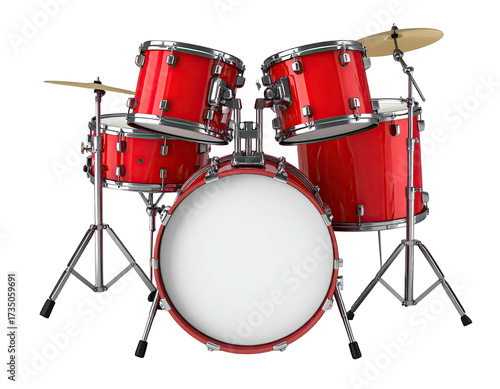 A red drum kit, snare, toms, and bass drum, with cymbals against black