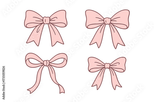Coquette aesthetic bows set. Collection of cute pink ribbon gift bow clipart. Hand-drawn linear vector illustration for fashion decoration, valentine's day, or craft projects.