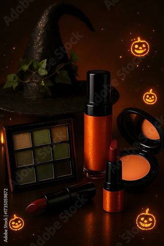 Halloween cosmetics and makeup products with witch hat and glowing pumpkin lights, luxury beauty items in festive autumn colors including lipstick, eyeshadow palette, and glitter bottle, spooky holida