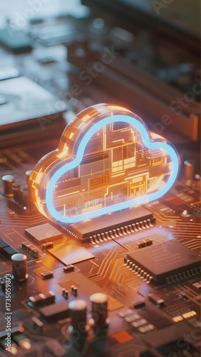 Holographic cloud icon hovering over a circuit board with glowing electronic components