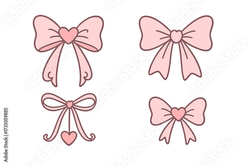 Coquette charming pink heart bows set. Girly pretty doodle hair decor and boho linear girl bow accessories. Ribbon isolated hand drawn vector art for a trendy fancy concept.