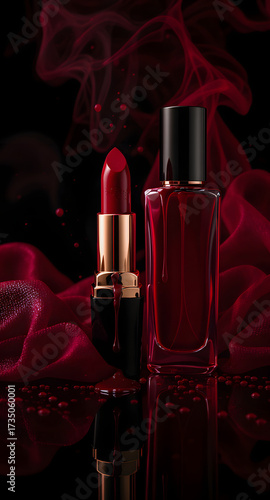 Luxury red lipstick and perfume bottle with dripping liquid on reflective black surface, surrounded by flowing red silk fabric and mist, dramatic gothic vampire aesthetic for elegant Halloween or high