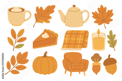 Cozy autumn hygge set with cute fall elements. Modern flat vector illustration collection of pumpkin pie, spice latte, leaves, candle, and warm blanket for seasonal decor.