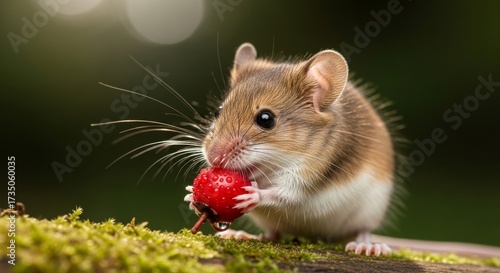 Adorable Harvest Mouse Nibbling a Juicy Red Berry, Nature's Delight.