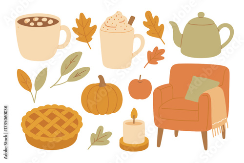 Large cozy autumn set with fall food and beverages. Modern flat vector illustration collection of pumpkin pie, hot chocolate, latte, armchair, candle, leaves. Hygge home decor.