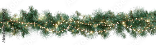 Beautiful vector Christmas garland featuring lush green pine branches adorned with twinkling lights, creating festive and warm atmosphere for holiday season