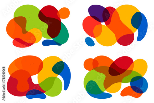 Vector set of abstract liquid shapes. Modern art design with overlay effect. Textured template background. Creative summer bold juicy covers. Colorful fluid blob collection.