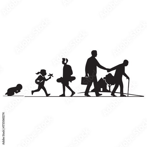 Silhouette illustration showing stages of human life from crawling baby to old age, symbolizing growth and aging on a white background