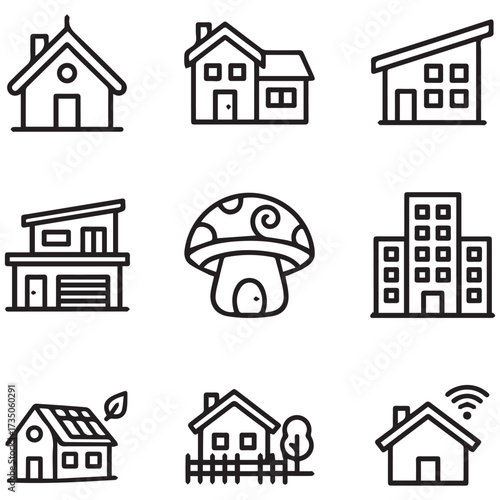 house icons set, Set of house icons in simple line art style. Collection includes modern home, cottage, apartment building, eco-friendly house, smart home, and mushroom fantasy house