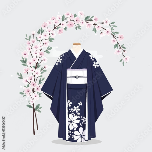 Illustration of a traditional Hanbok dress on a mannequin with cherry blossom branches in a minimalist setting.