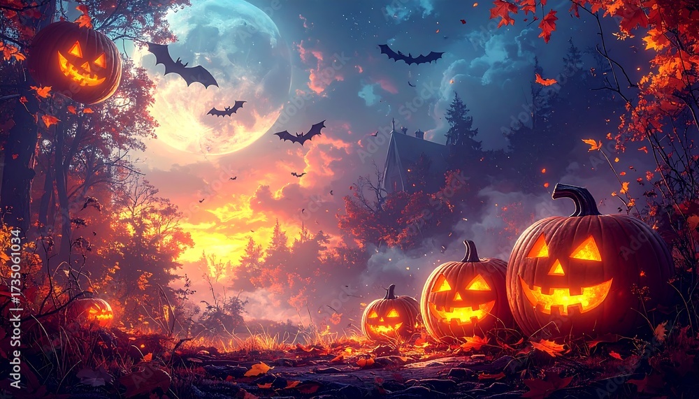 Fototapeta premium Eerie Halloween Night: Glowing Jack-o'-Lanterns, Bats, and a Full Moon Over a Spooky Forest