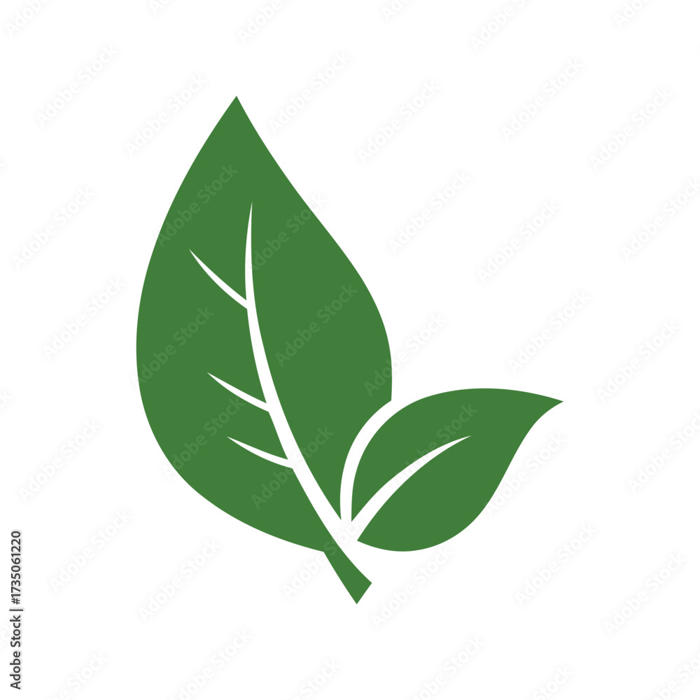 Fototapeta premium Minimalist green leaf icon, flat design, simple eco-friendly symbol on white background.