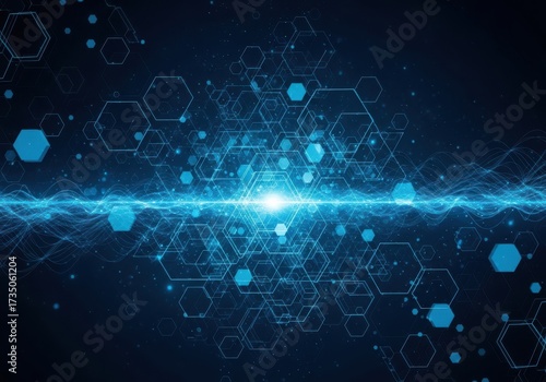 Abstract blue hexagonal network with glowing center and digital connections