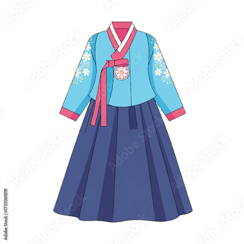 Illustration of a traditional Korean Hanbok dress with intricate floral designs and vibrant pink accents on a white background.