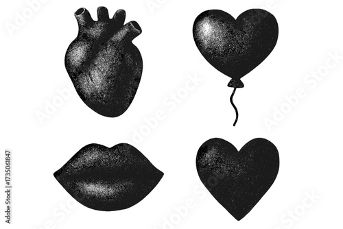 Grungy romantic vector elements set with retro photocopy effect. Naive Valentine's day icons. Anatomical human heart, heart balloon, lips. Love, passion, imperfect concept.