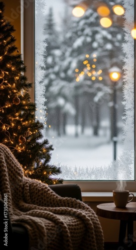 Cozy winter scene with christmas tree and warm blanket by frosted window overlooking snowy forest