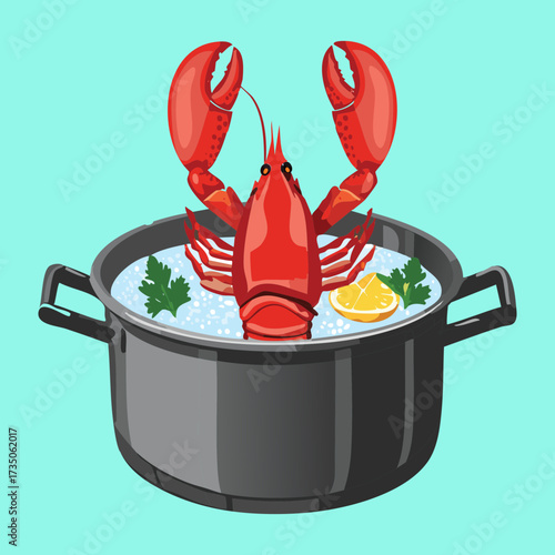 Whole Red Lobsters Chilling on Ice in a Black Pot, Ready for a Seafood Boil or Festive Dinner - Vector Illustration	