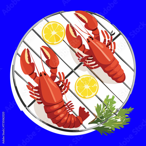Whole Raw Lobster Ready for Barbecuing on a Grill Grate, Garnished with Lime and Mint Leaves - Vector Illustration	