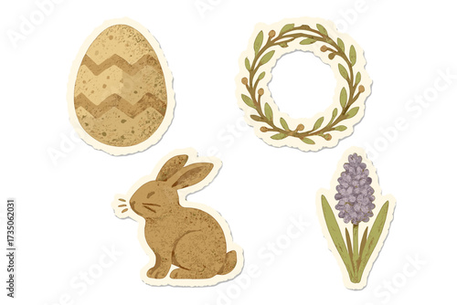 Vintage Easter sticker pack. Vector set of retro paper cutouts with torn edges. Includes rabbit, patterned egg, wreath, hyacinth. For scrapbooking, holiday greeting cards.